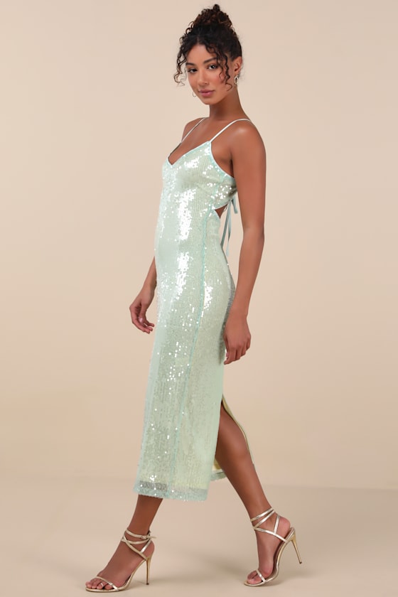 Lulus Cahya Mint Green Sequin Tie-back Midi Dress In Mint Green