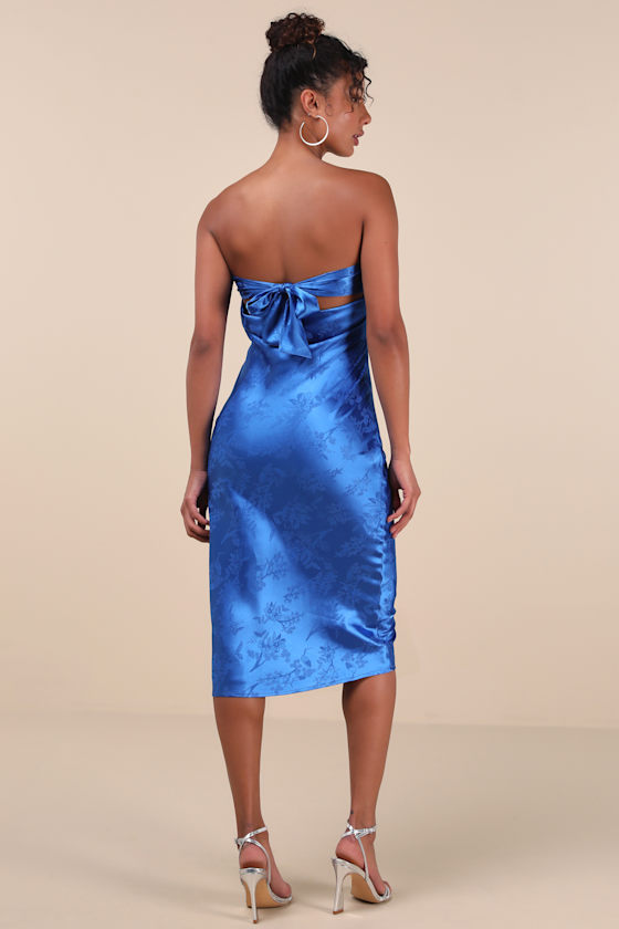 Lulus Impressive Favorite Blue Jacquard Strapless Midi Dress In Blue