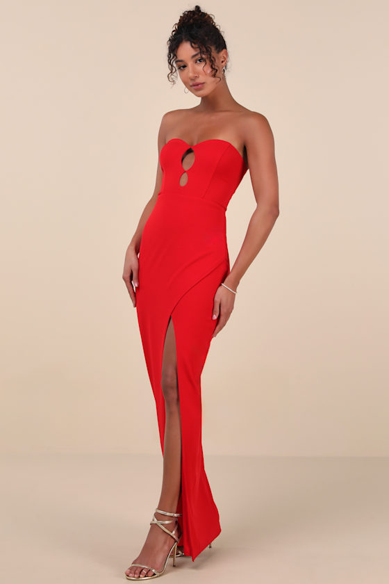 Lulus Kaori Red Cutout Strapless Tulip Maxi Dress In Red