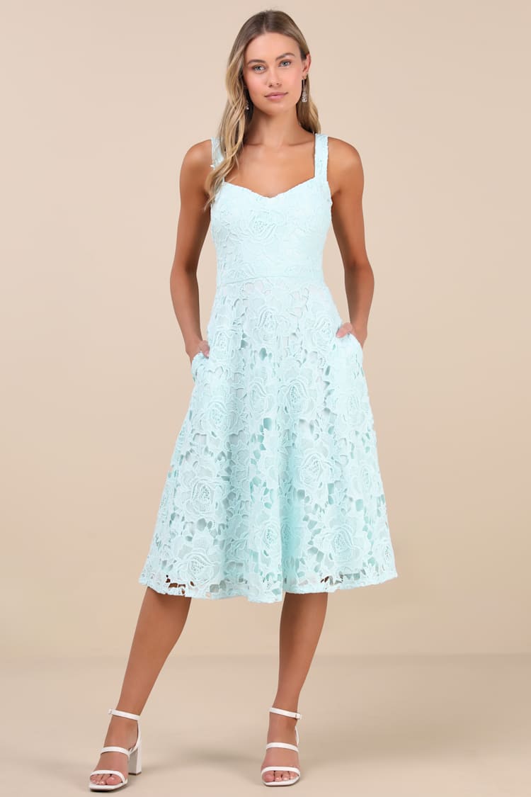 Divine Beauty Mint Blue Lace Midi Dress With Pockets