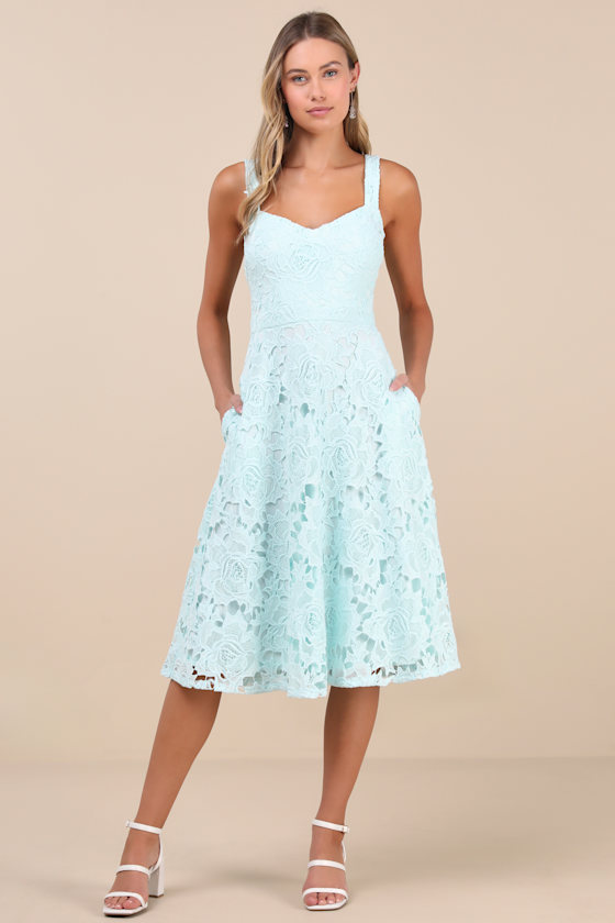 Divine Beauty Light Blue Lace Midi Dress With Pockets 1