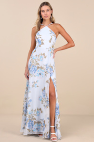 Romantic Marvel Light Blue Floral Print Halter Neck Maxi Dress 1