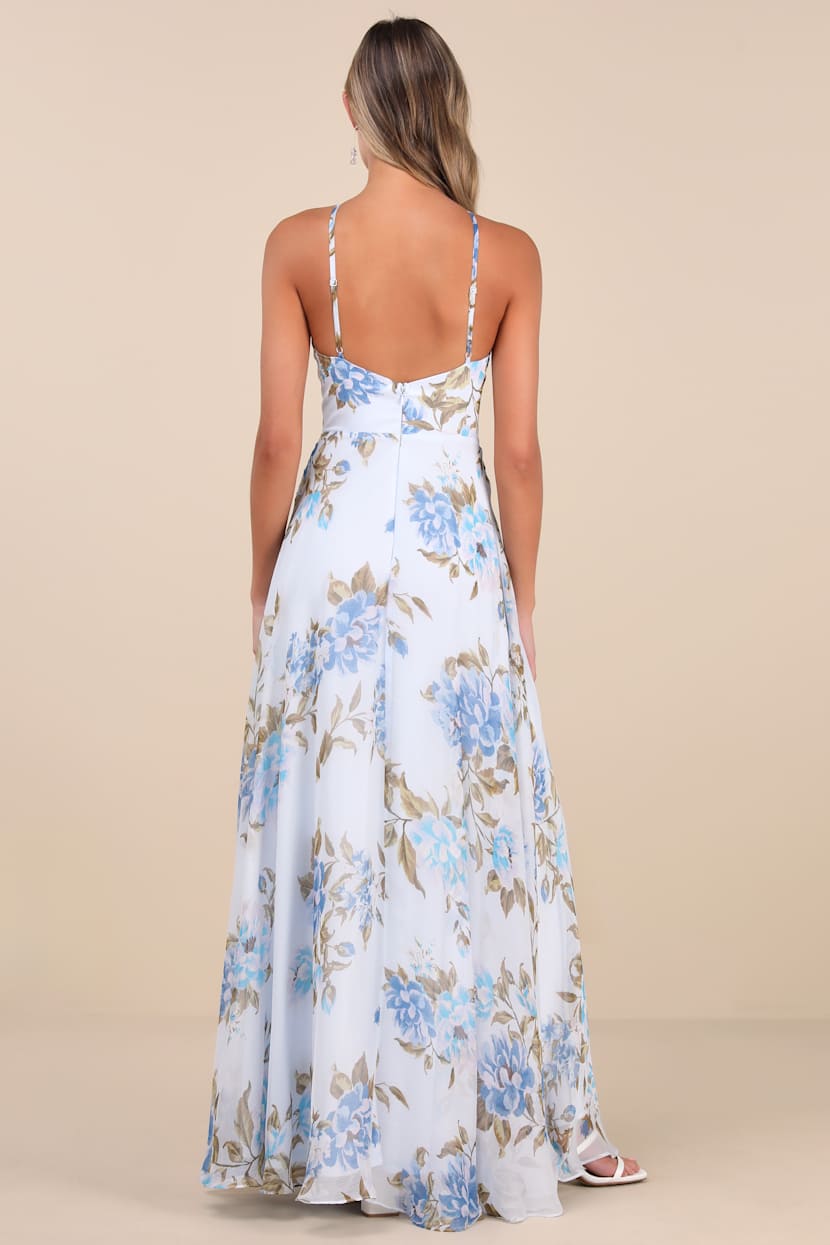 Light Blue Floral Print Halter Neck Maxi Dress | Womens | 2X (Available in 3X, S) | 100% Polyester | Lulus