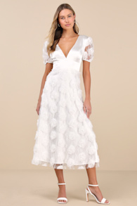 Gorgeous Elevation White Lace Rosette Puff Sleeve Midi Dress