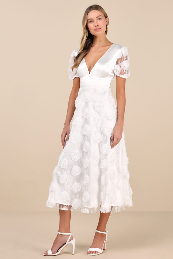 Lulus Gorgeous Elevation White Lace Rosette Puff Sleeve Midi Dress In White