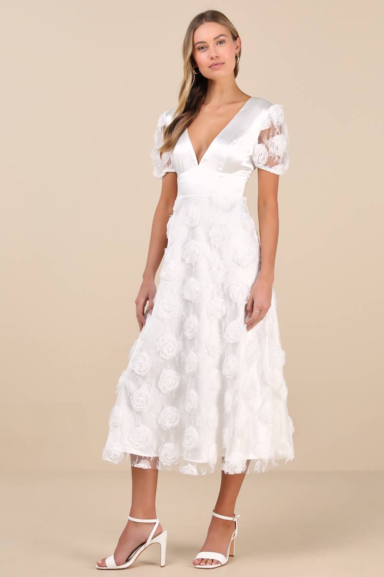 Gorgeous Elevation White Lace Rosette Puff Sleeve Midi Dress