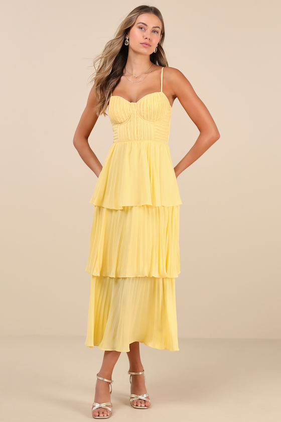 Image of Cascading Crush Yellow Tiered Bustier Midi Dress