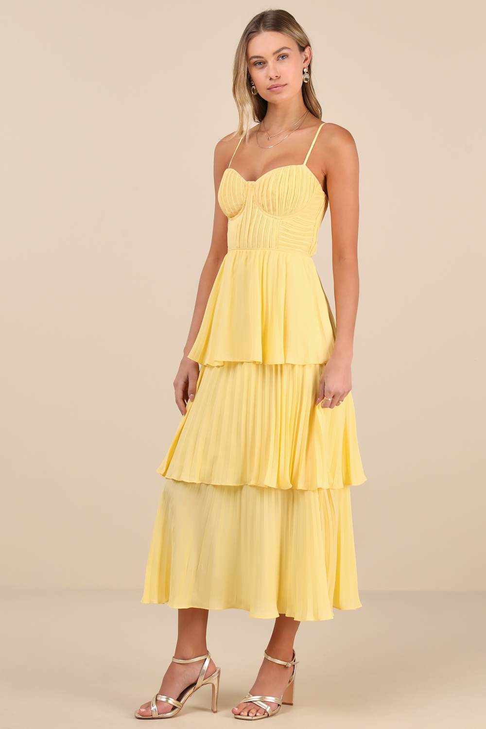 Cascading Crush Yellow Tiered Bustier Midi Dress