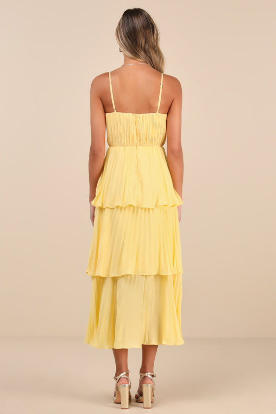 Cascading Crush Yellow Tiered Bustier Midi Dress - Image 3