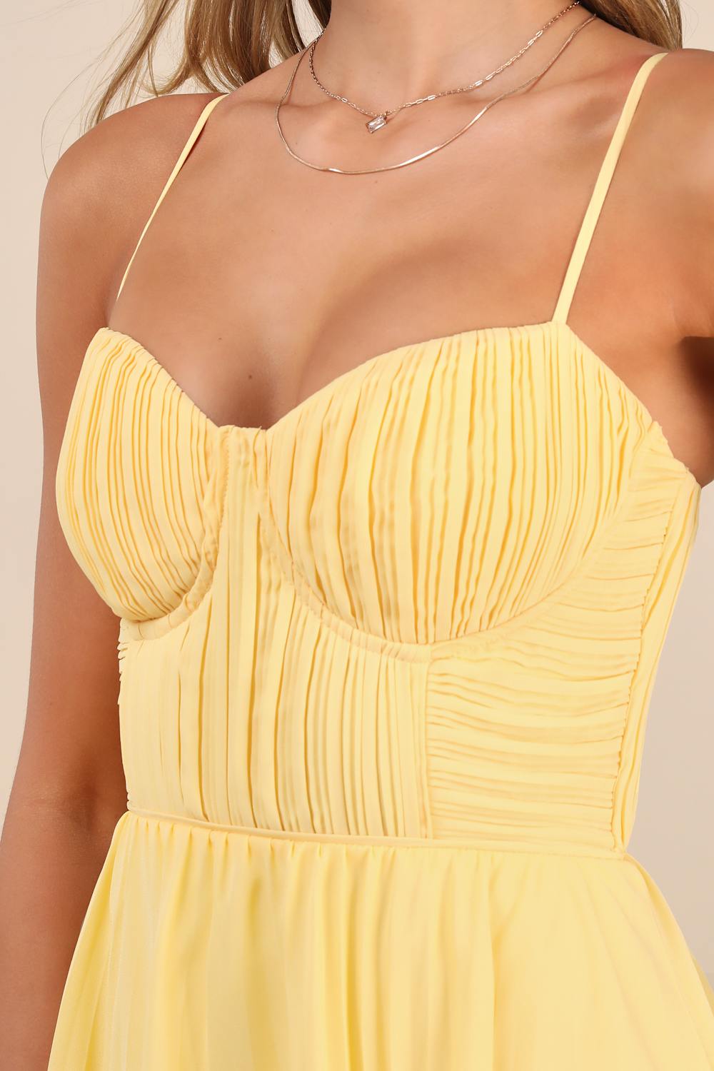 Cascading Crush Yellow Tiered Bustier Midi Dress