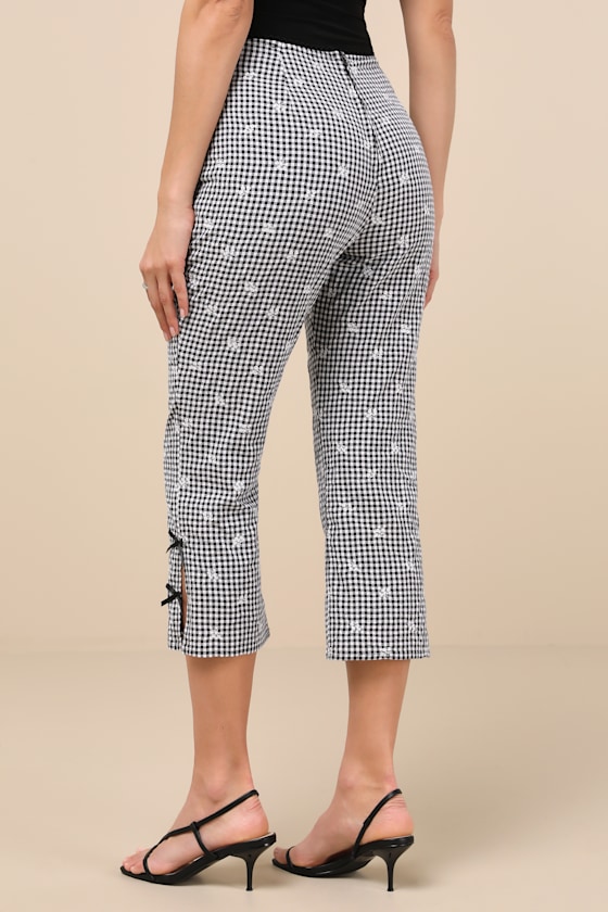 【Sinoon】 Gingham Capri Pants 2色 Gingham Capri Pants for Women Elastic Waist Mid Rise Skinny