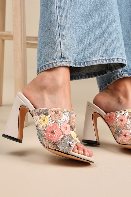 Callixta Pink Bone Floral Sequin High Heel Slide Sandals 4