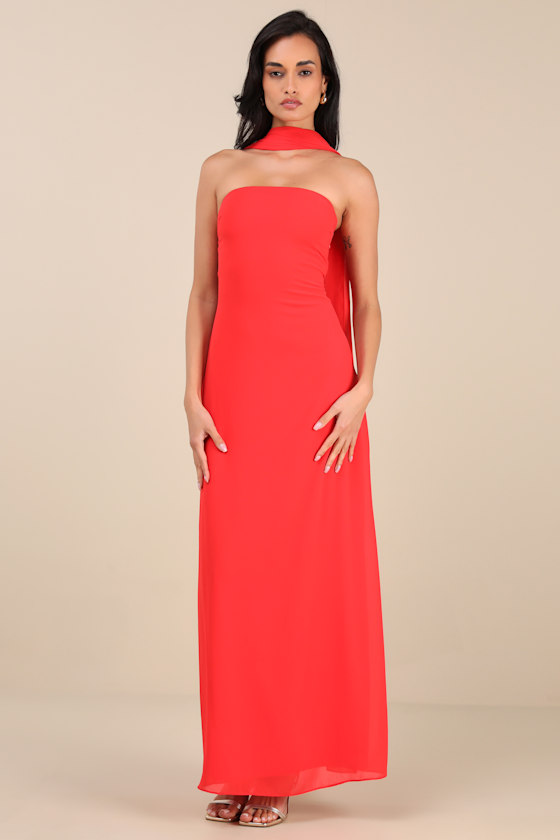 LULUS RAWYA RED ORANGE STRAPLESS MAXI DRESS AND SCARF SET 