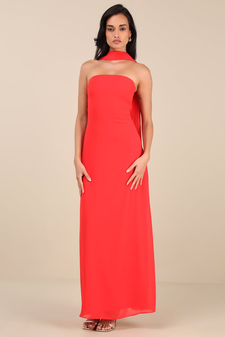 Rawya Red Orange Strapless Maxi Dress and Scarf Set