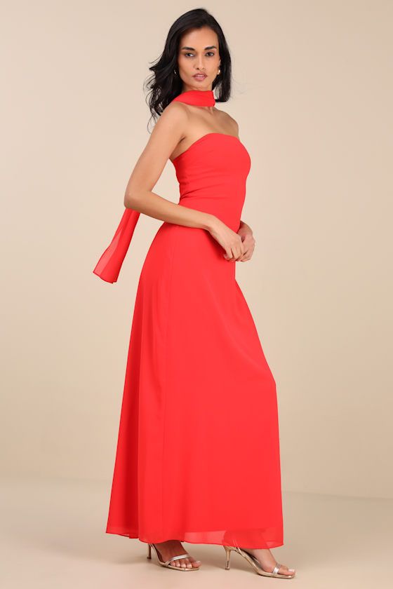 LULUS RAWYA RED ORANGE STRAPLESS MAXI DRESS AND SCARF SET 