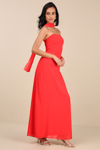 Rawya Red Orange Strapless Maxi Dress and Scarf Set 4
