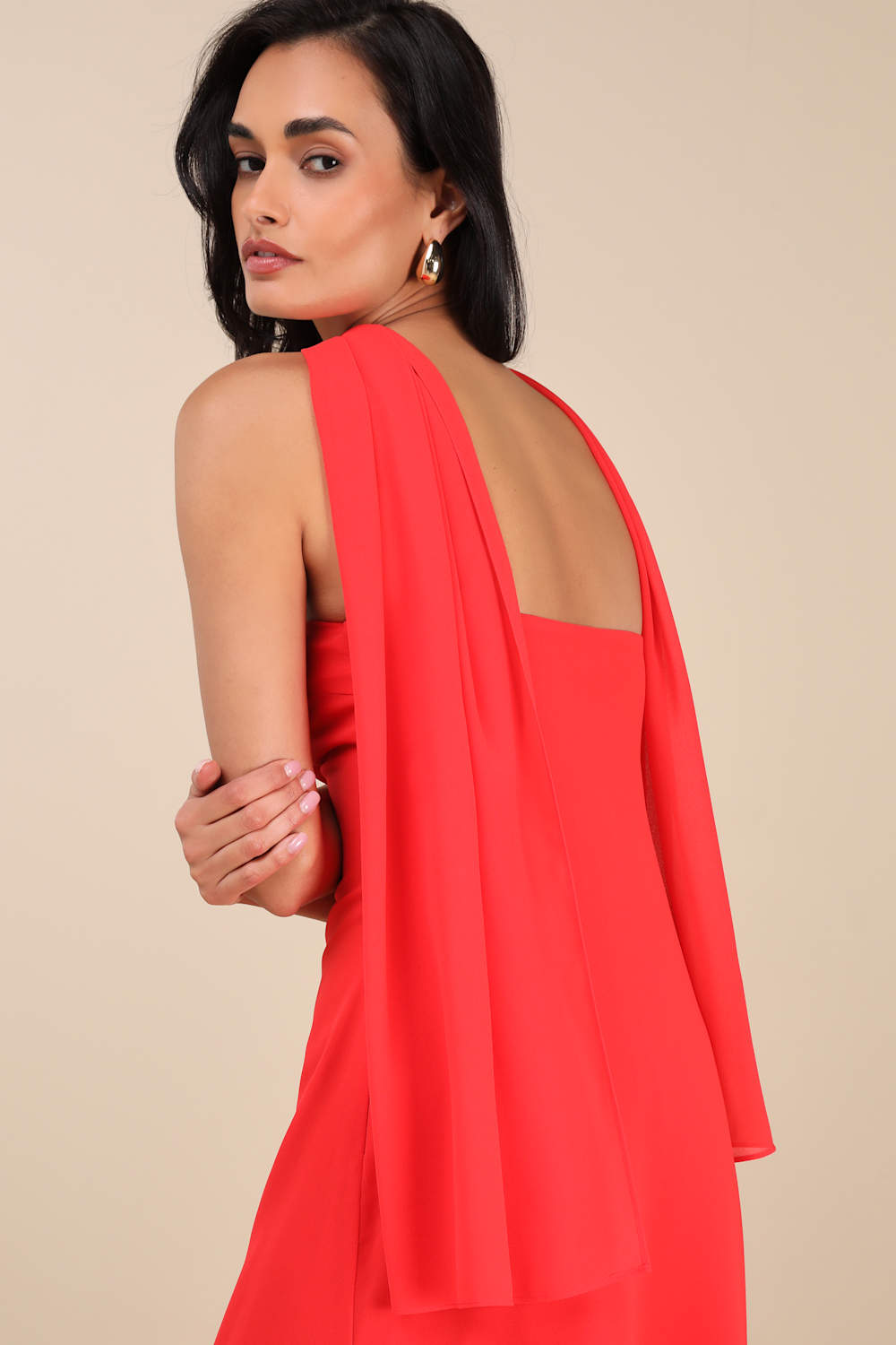 Rawya Red Orange Strapless Maxi Dress and Scarf Set
