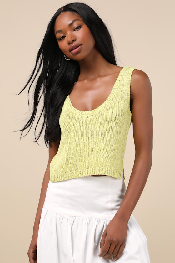 LULUS ELEVATED STAPLE LIME GREEN LUREX CROPPED SWEATER TANK TOP