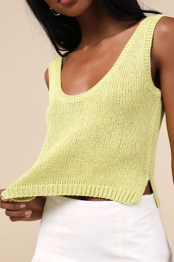 LULUS ELEVATED STAPLE LIME GREEN LUREX CROPPED SWEATER TANK TOP