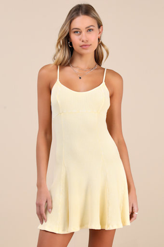 Simply Pretty Washed Yellow Ribbed Pleated Sleeveless Mini Dress 2