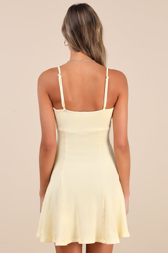 Lulus Simply Pretty Washed Yellow Ribbed Pleated Sleeveless Mini Dress In Yellow