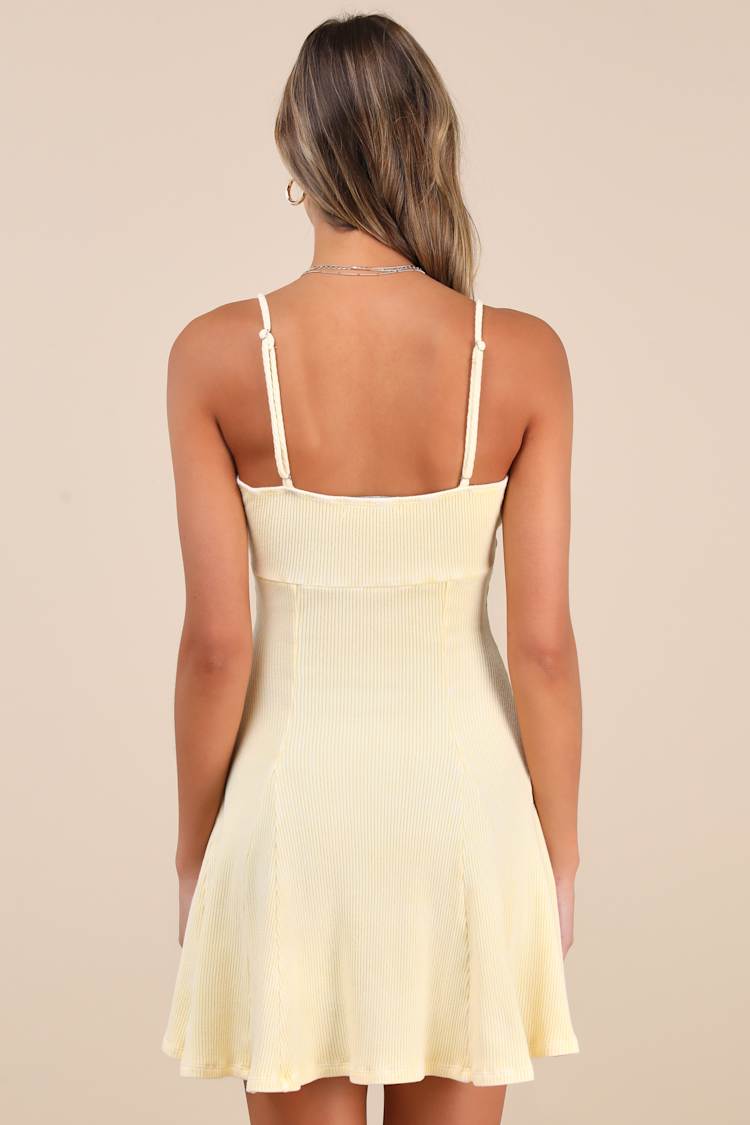 Simply Pretty Washed Yellow Ribbed Pleated Sleeveless Mini Dress