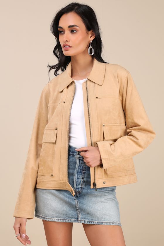 Lulus Bayton Beige Suede Zip-front Trucker Jacket In Beige