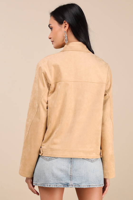 Lulus Bayton Beige Suede Zip-front Trucker Jacket In Beige