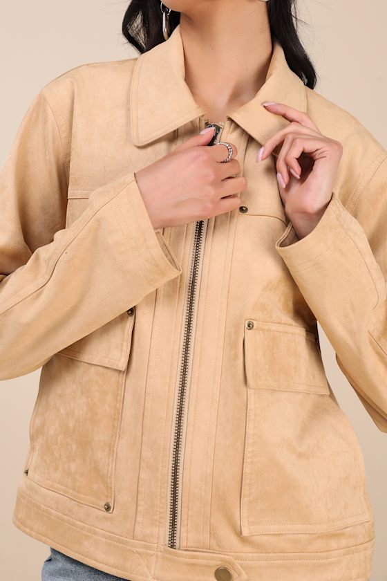 Lulus Bayton Beige Suede Zip-front Trucker Jacket In Beige