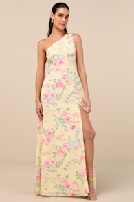Elegant Admiration Pale Yellow Floral One-Shoulder Maxi Dress 2
