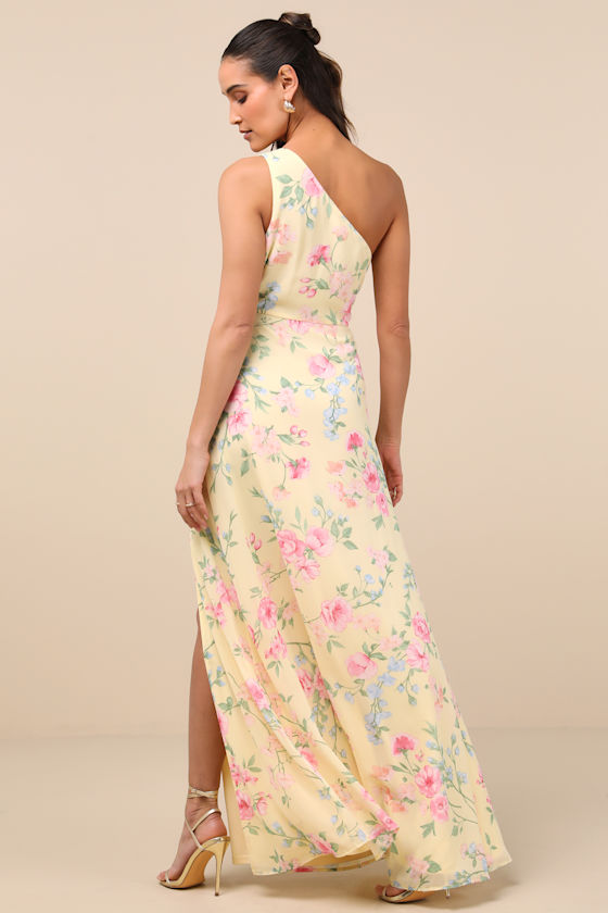 Lulus Elegant Admiration Pale Yellow Floral One-shoulder Maxi Dress In Yellow
