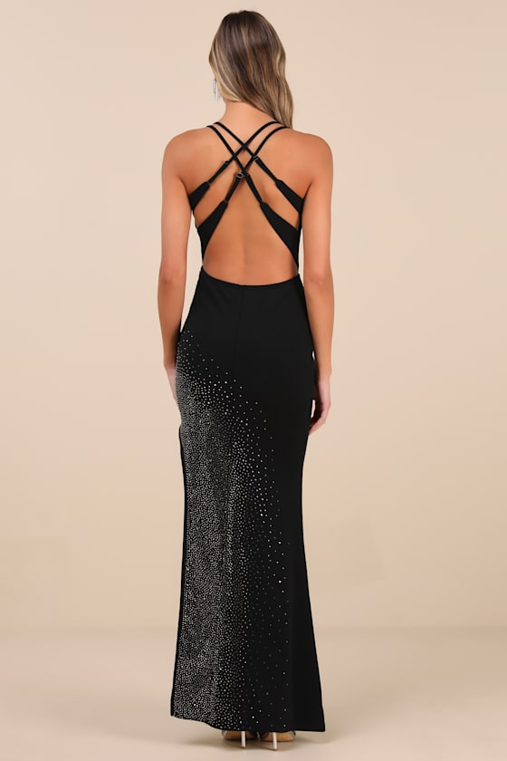 Lulus Fareeda Black Rhinestone Backless Mermaid Maxi Dress In Black