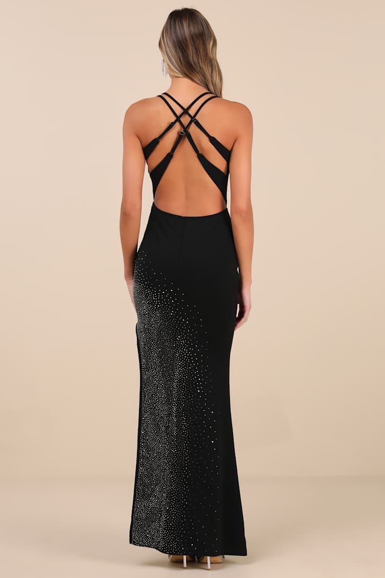 Fareeda Black Rhinestone Backless Mermaid Maxi Dress