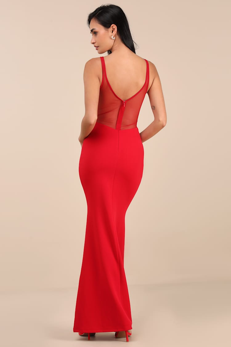 Fantine Red Mesh Sleeveless Mermaid Maxi Dress