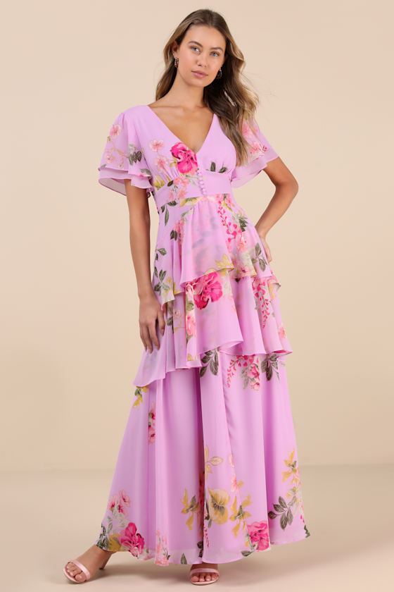 Shop Lulus Midnight Mood Lilac Floral Print Tiered Maxi Dress