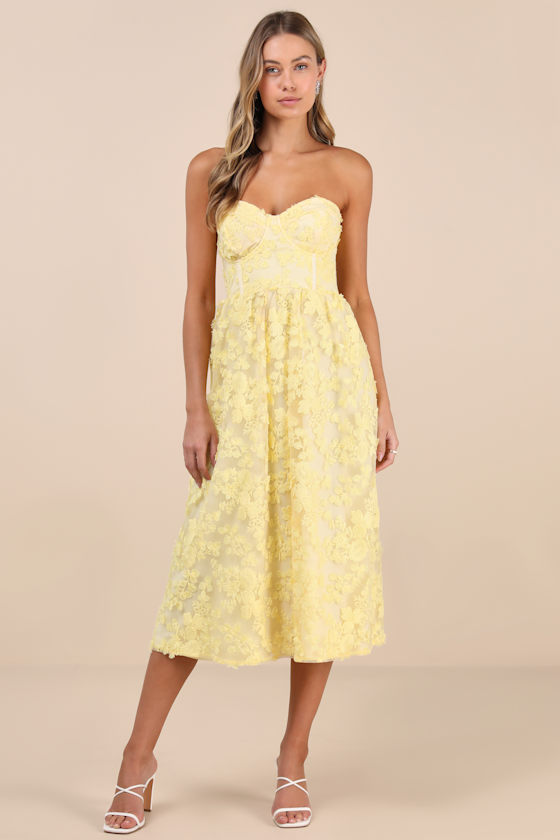 Lulus Quite Perfect Yellow Floral Embroidered Strapless Midi Dress In Yellow