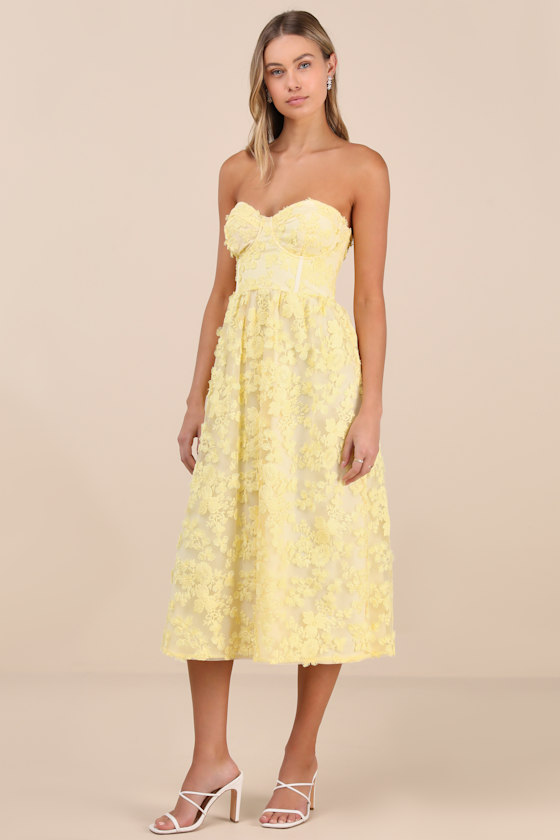 L'or ロル⭐︎Embroidery Dress S Yellow Midi Dress - 3D Floral Midi Dress - Cute Embroidered