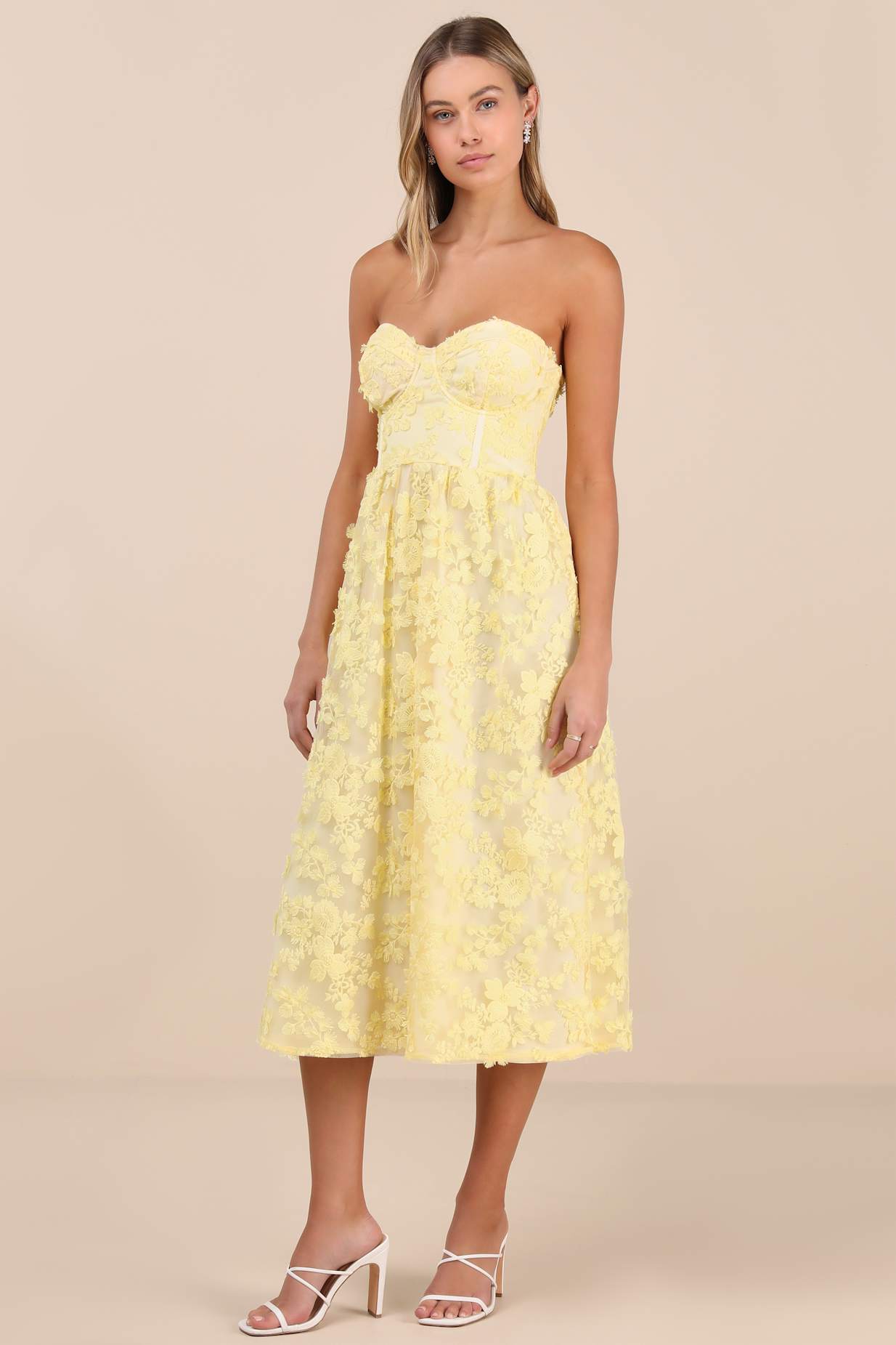 Quite Perfect Yellow Floral Embroidered Strapless Midi Dress