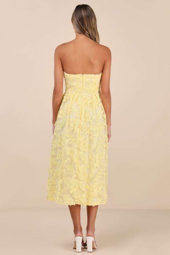 Lulus Quite Perfect Yellow Floral Embroidered Strapless Midi Dress In Yellow