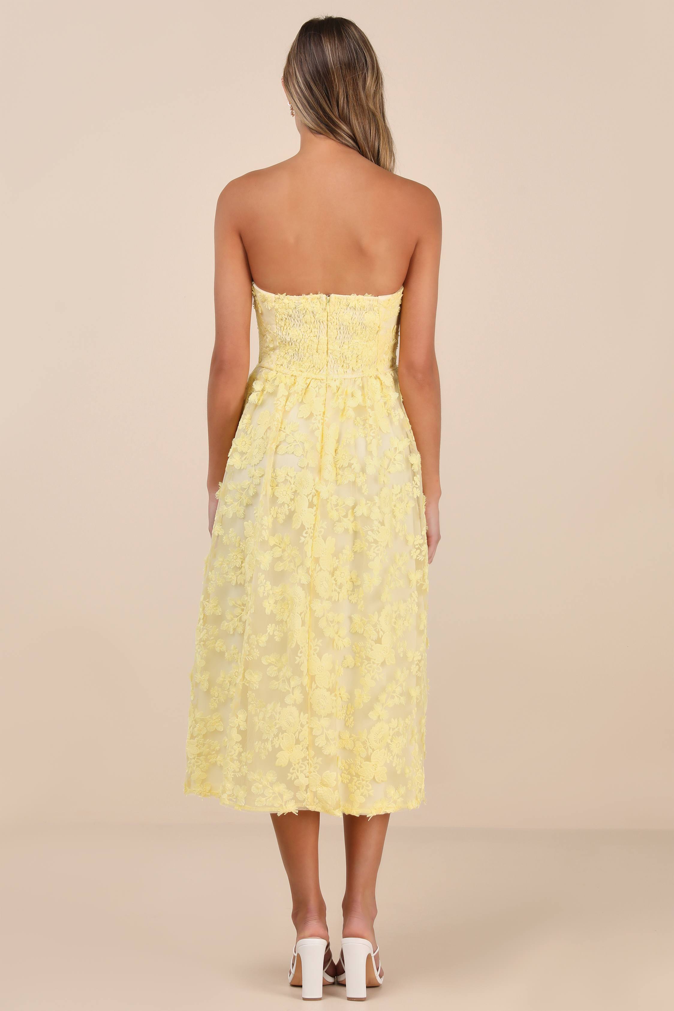 Quite Perfect Yellow Floral Embroidered Strapless Midi Dress