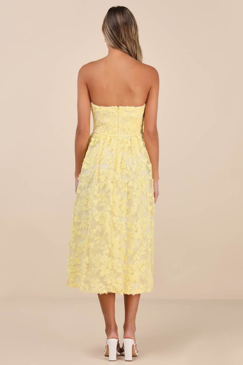 Quite Perfect Yellow Floral Embroidered Strapless Midi Dress