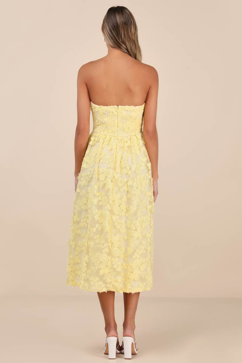 Quite Perfect Yellow Floral Embroidered Strapless Midi Dress