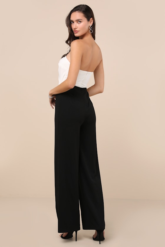 Shop Lulus Vickie Black And White Cutout Strapless Wide-leg Jumpsuit