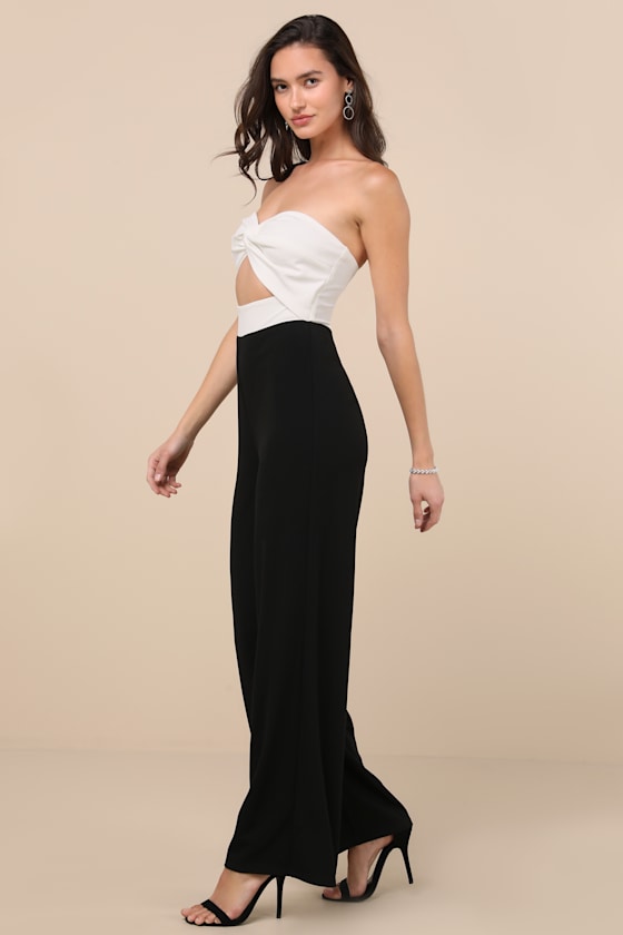 Shop Lulus Vickie Black And White Cutout Strapless Wide-leg Jumpsuit
