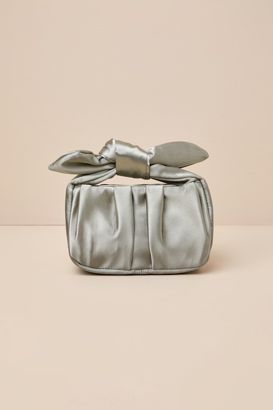 Essential Style Sage Green Satin Knot Handle Clutch Bag 4