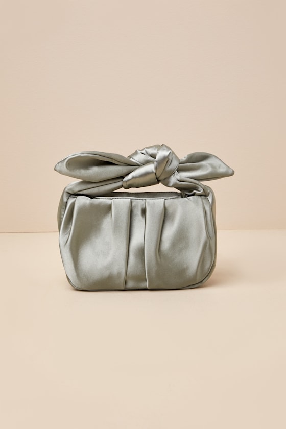Lulus Essential Style Sage Green Satin Knot Handle Clutch Bag In Sage Green