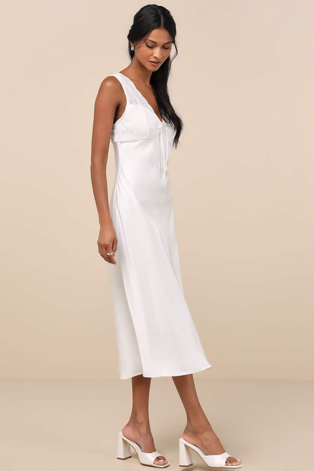 Flirtatious Always Ivory Satin Lace Midi Slip Dress