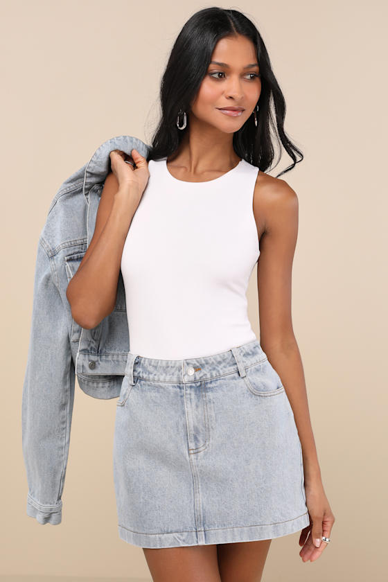 Lulus Adaya Light Wash Denim High-rise Micro Mini Skirt In Blue