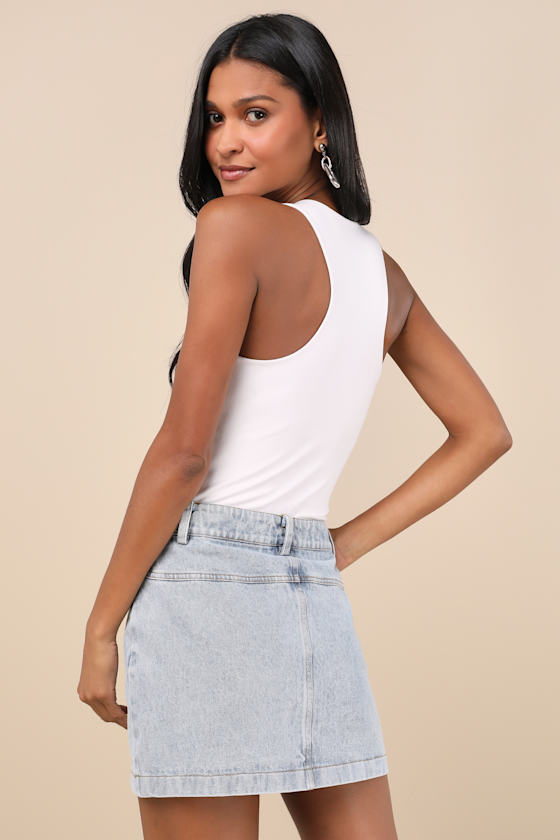 Lulus Adaya Light Wash Denim High-rise Micro Mini Skirt In Blue