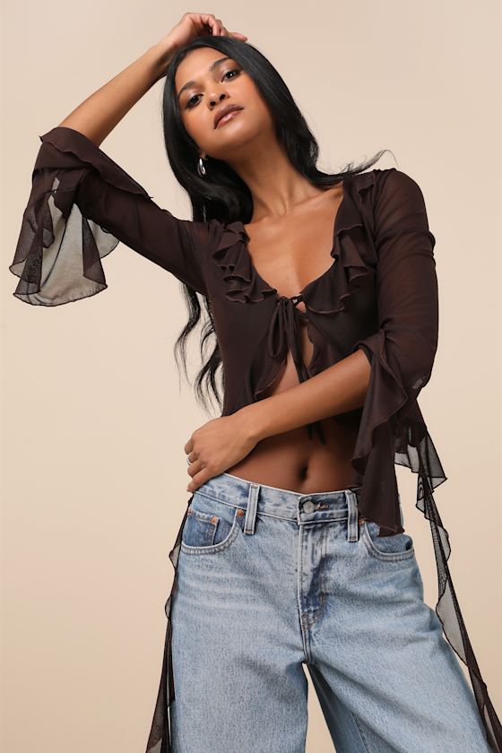 Whimsical Essence Dark Brown Ruffled Tie-Front Bell Sleeve Top 2